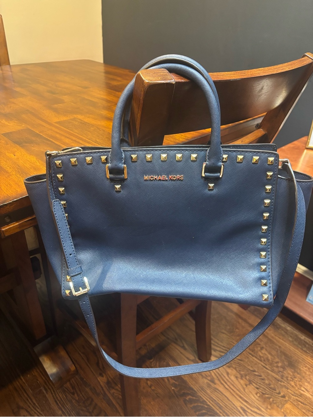 Michael Kors Navy Blue Leather Studded Satchel